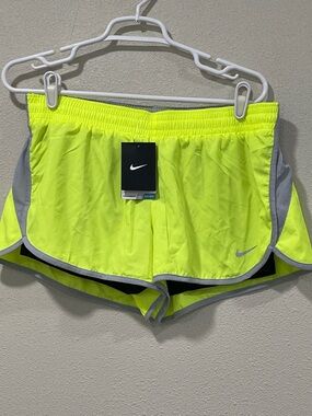Nike Women’s Neon Yellow Athletic Running Shorts with Gray Trim Large